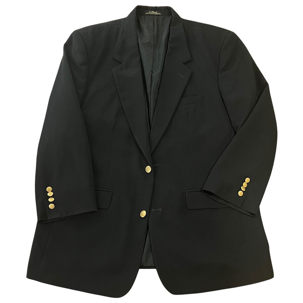 LL Bean Blazer Mens 46R Black Gold Crest Buttons Micro Polyester Sport‎ Coat 46